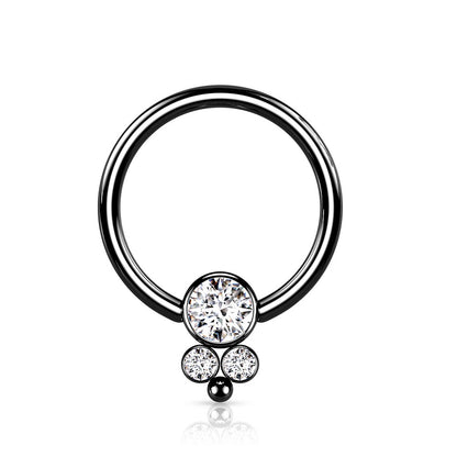 Triple CZ Crystal Cluster Round Flat Ball Captive Bead Ring - 316L Surgical Steel