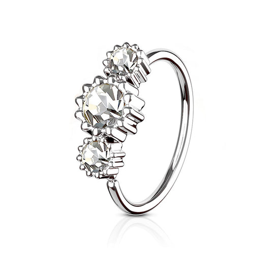 Triple Round Floral CZs in a Line Captive Bead Ring - 316L Stainless Steel