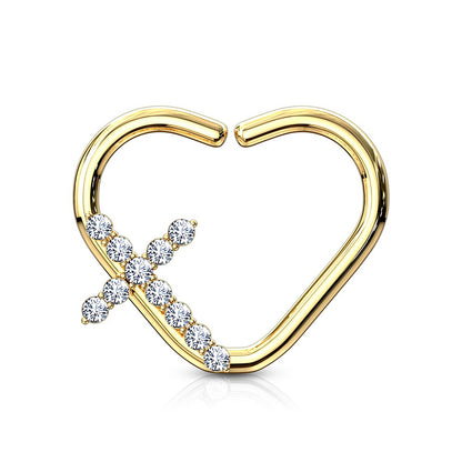 CZ Crystal Paved Cross Right Ear Daith Heart Shaped Bendable Ring