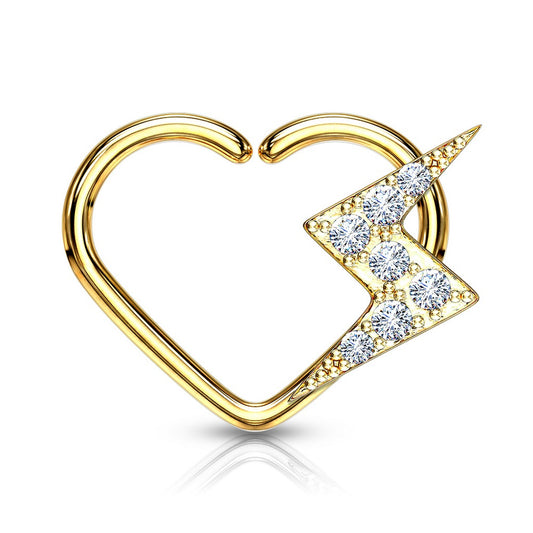 CZ Crystal Paved Lightning Bolt Daith Heart Shaped Bendable Ring