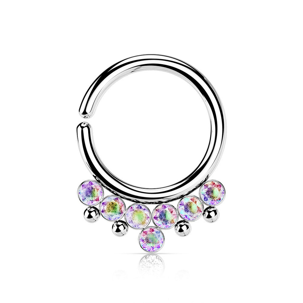 Round CZ Crystals and Beads Bendable Hoop Ring - 316L Stainless Steel