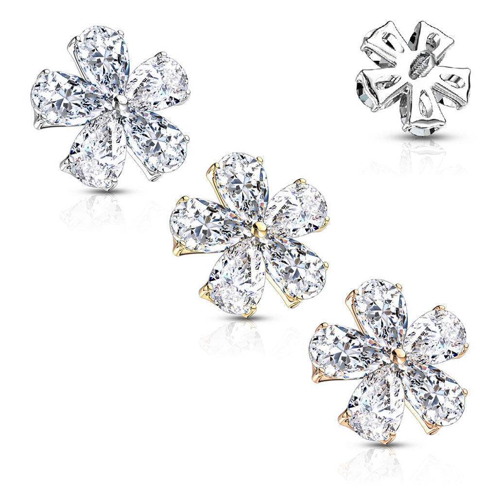 Internally Threaded CZ Crystal Flower Dermal Anchor Top - Stainless Steel