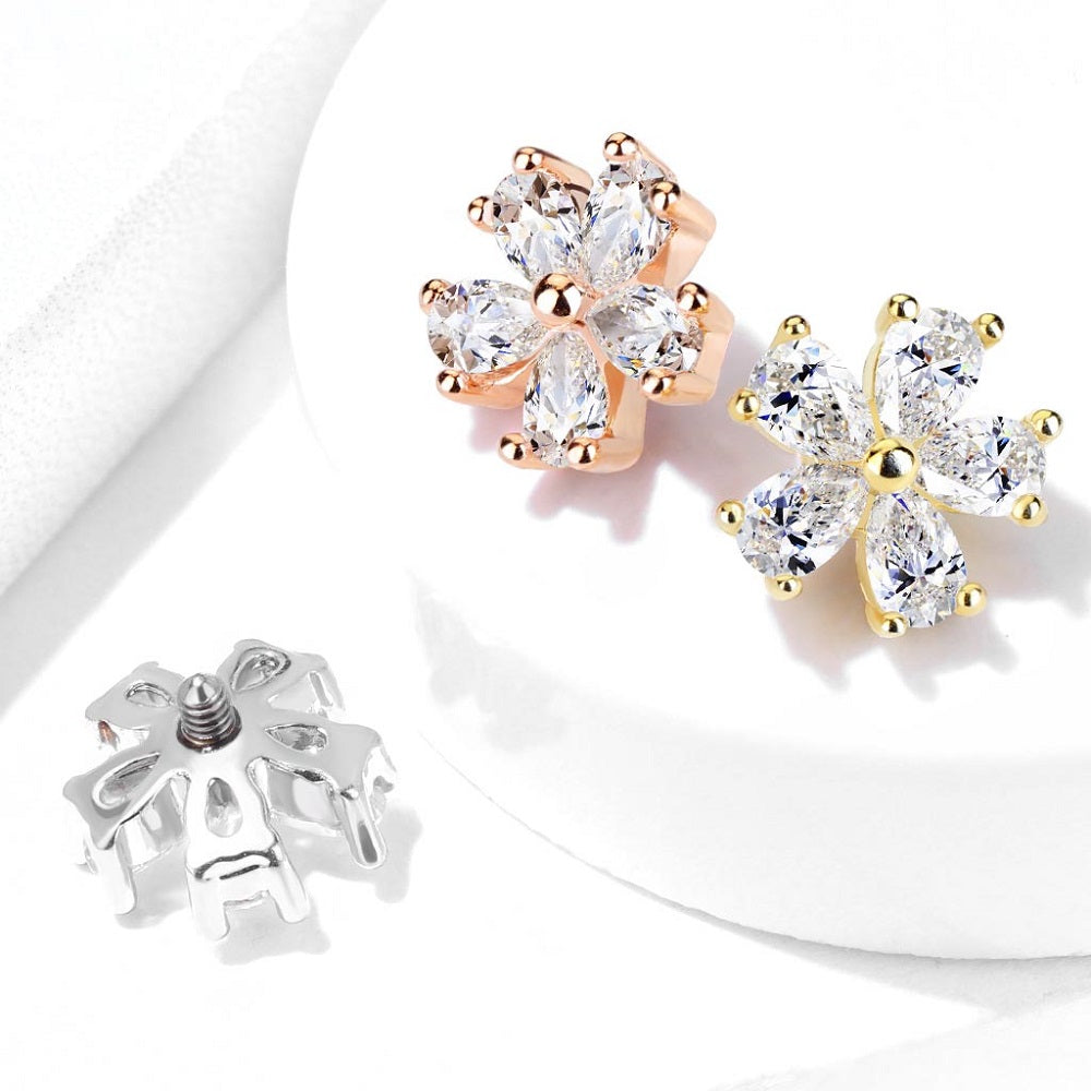 Internally Threaded CZ Crystal Flower Dermal Anchor Top - Stainless Steel