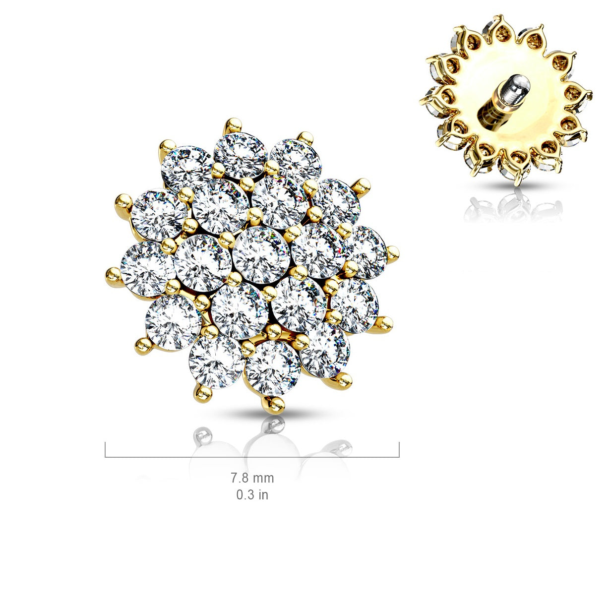 Internally Threaded CZ Crystal Paved Sunburst Dermal Anchor Top - Stainless Steel