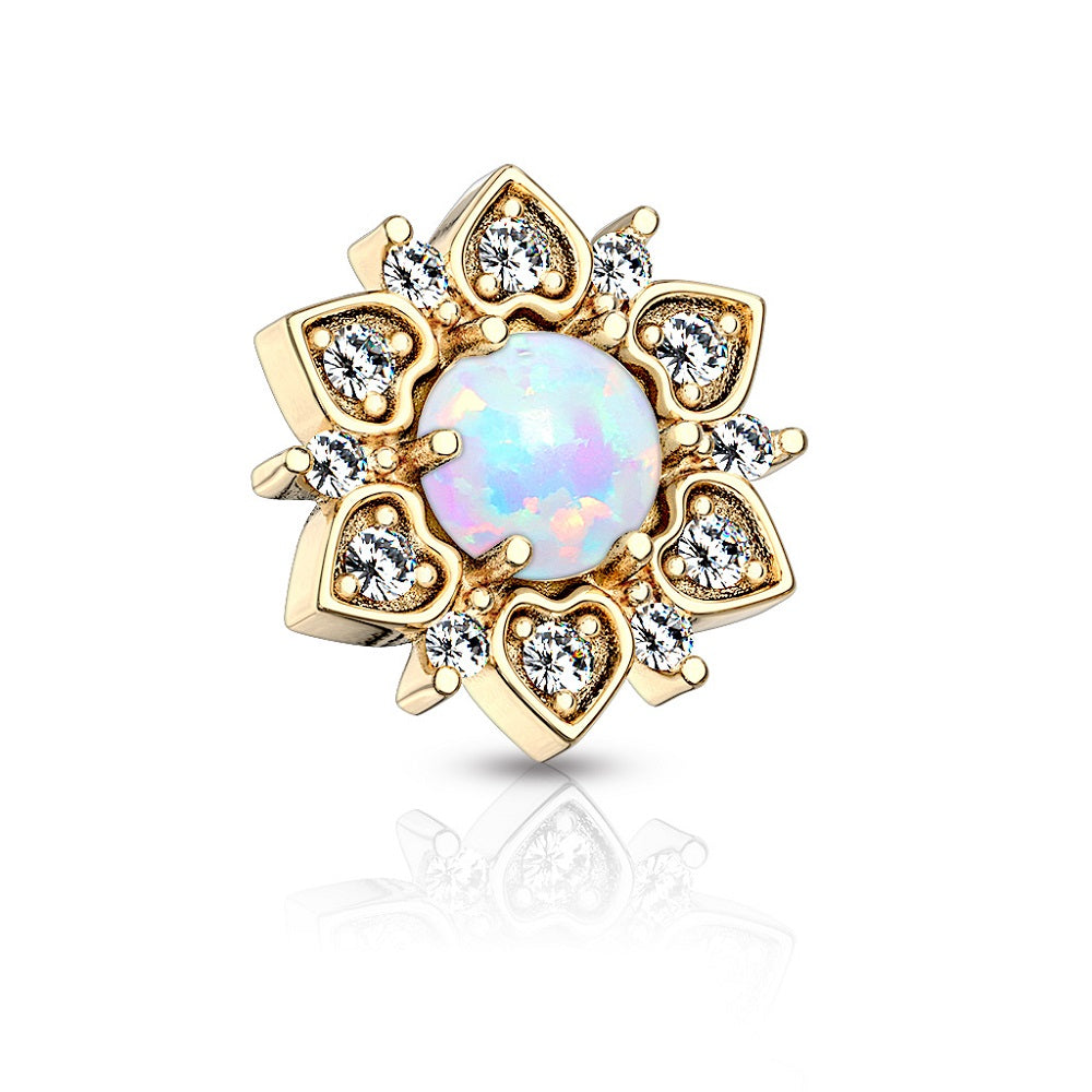 CZ Crystal Flower with Synthetic Opal Center Internally Threaded Dermal Anchor Top - 316L Stainless Steel