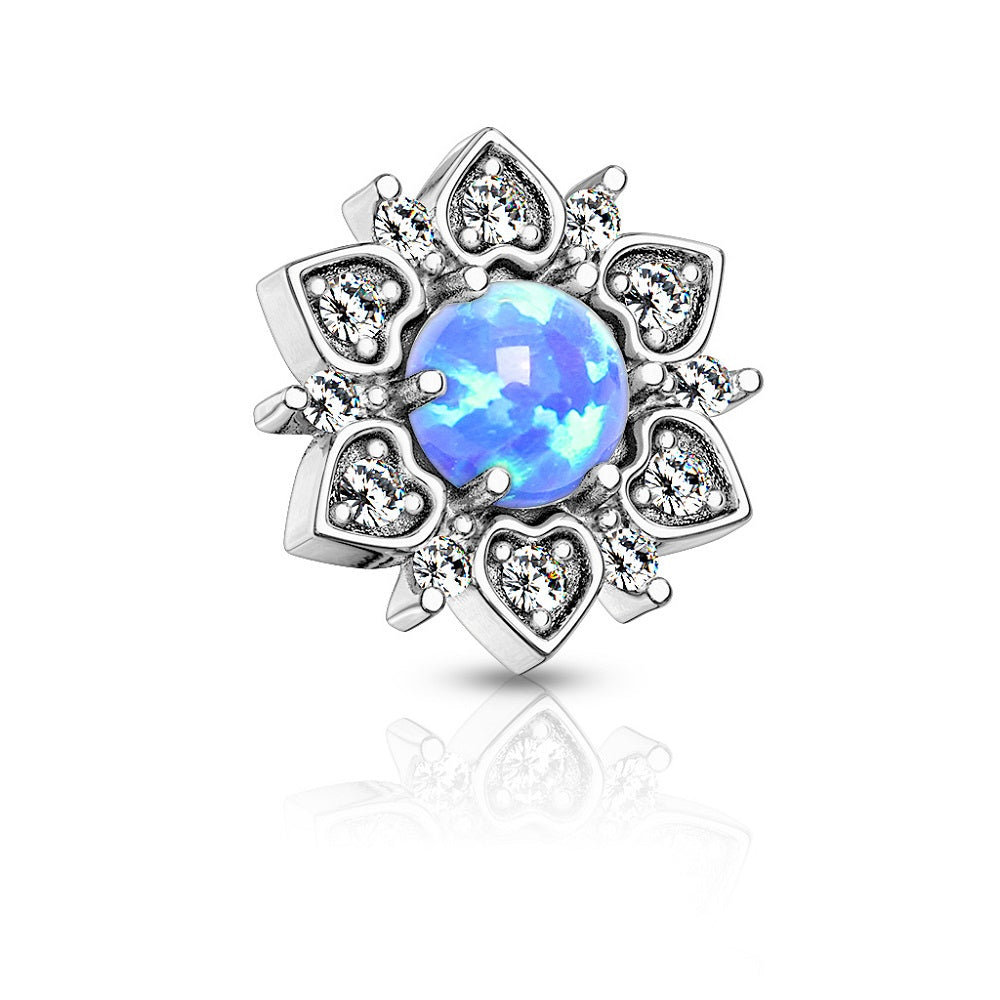 CZ Crystal Flower with Synthetic Opal Center Internally Threaded Dermal Anchor Top - 316L Stainless Steel