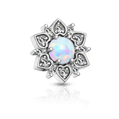 CZ Crystal Flower with Synthetic Opal Center Internally Threaded Dermal Anchor Top - 316L Stainless Steel