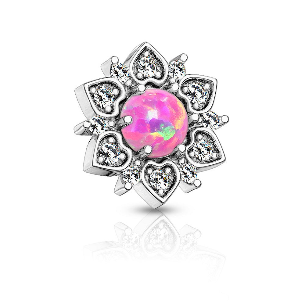 CZ Crystal Flower with Synthetic Opal Center Internally Threaded Dermal Anchor Top - 316L Stainless Steel