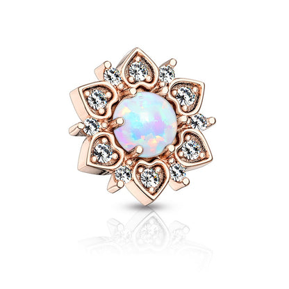 CZ Crystal Flower with Synthetic Opal Center Internally Threaded Dermal Anchor Top - 316L Stainless Steel