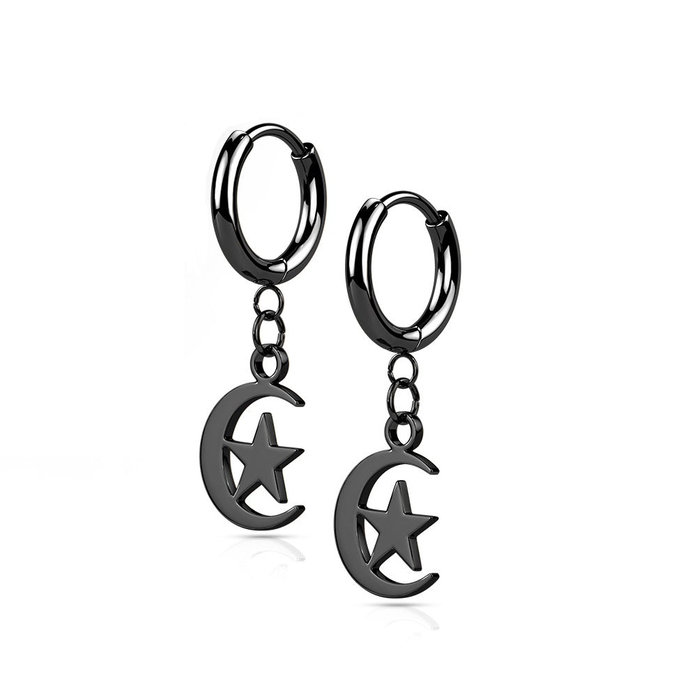 Hinged Hoops with Crescent Moon and Star Dangling Hoop Earrings - Stainless Steel - Pair