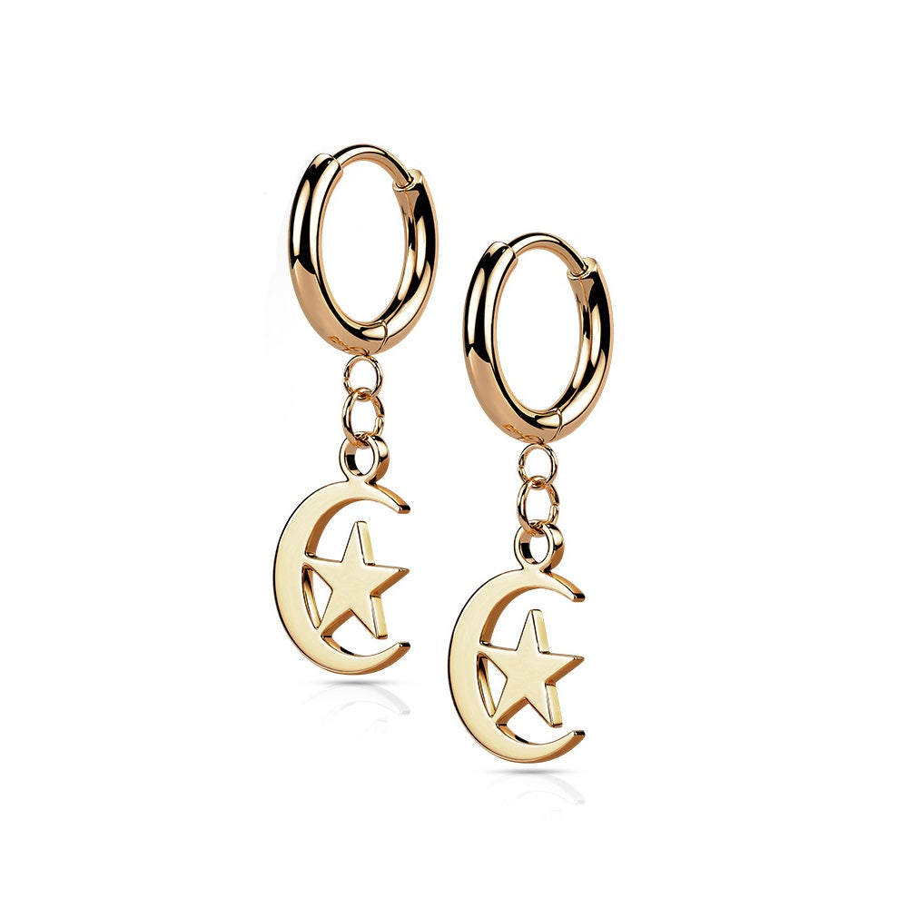 Hinged Hoops with Crescent Moon and Star Dangling Hoop Earrings - Stainless Steel - Pair