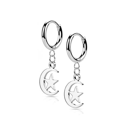 Hinged Hoops with Crescent Moon and Star Dangling Hoop Earrings - Stainless Steel - Pair