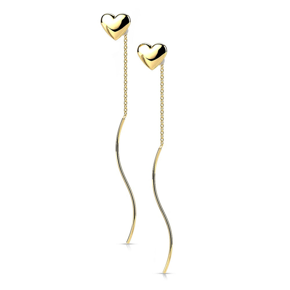Heart Threader Wave Dangling Earrings - Stainless Steel - Pair