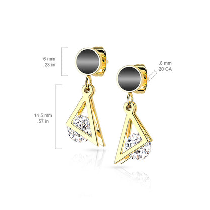Black Enamel Filled Circle with Dangling CZ Inside a Hollow Triangle Earrings - 316L Stainless Steel - Pair