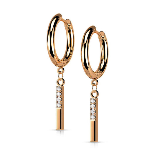 CZ Crystal Paved Rectangular Bar Dangling Hoop Earrings - Stainless Steel - Pair