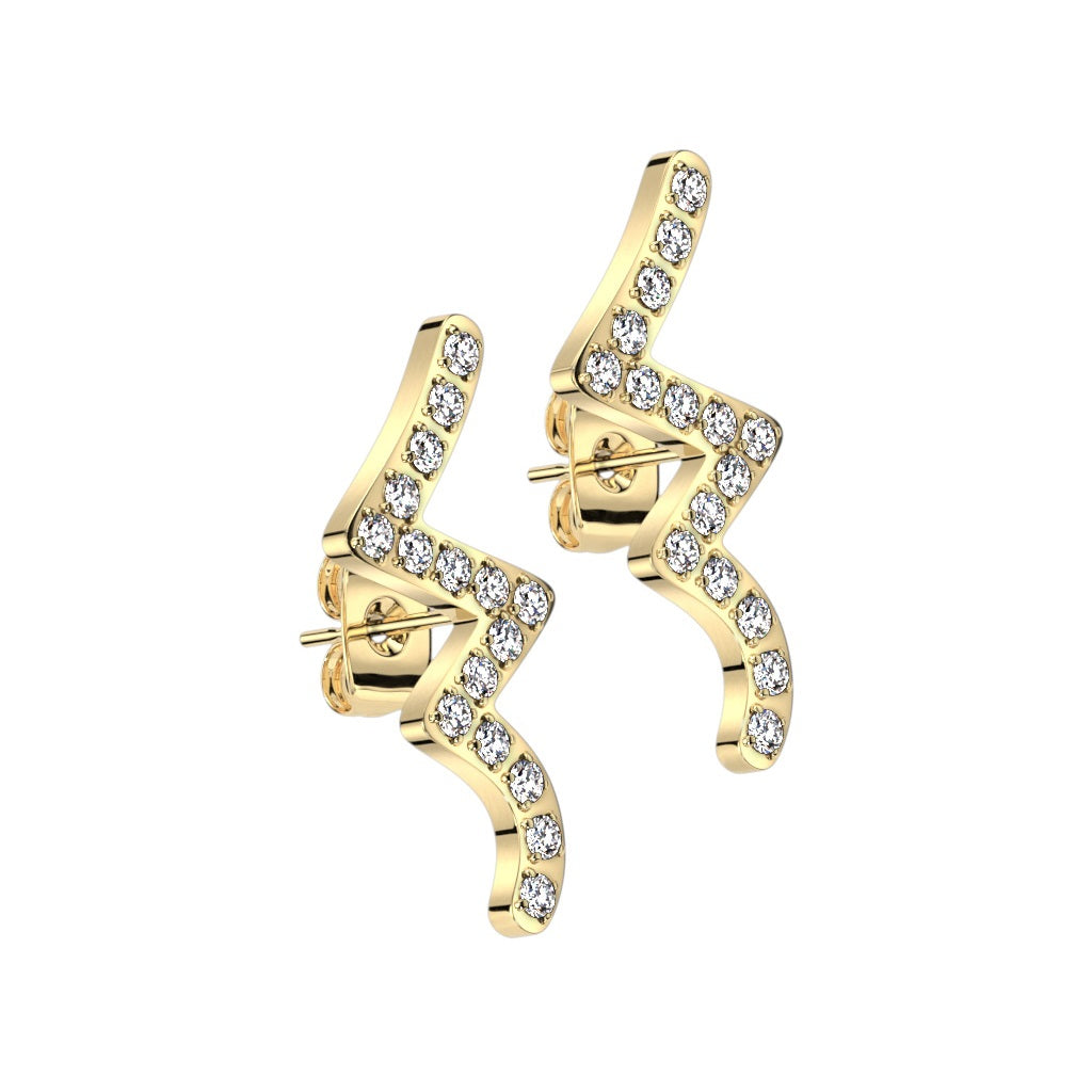 CZ Crystal Lined Wave Stud Earrings - 316L Stainless Steel