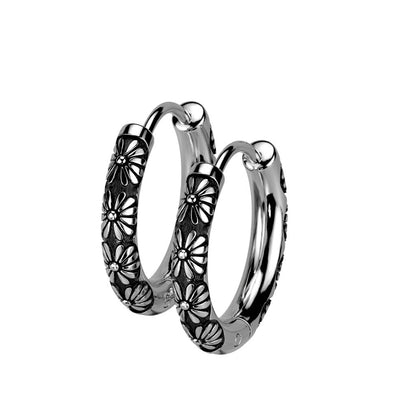 Flower Casted Hinged Hoop Earrings - 316L Stainless Steel - Pair