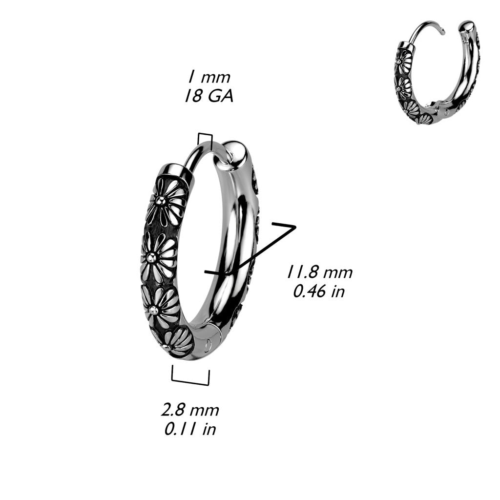 Flower Casted Hinged Hoop Earrings - 316L Stainless Steel - Pair