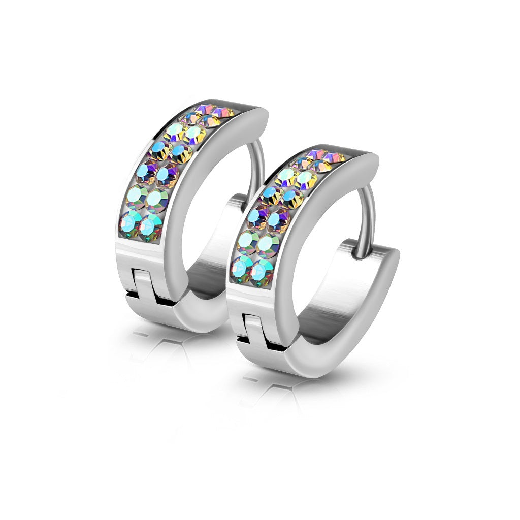 Crystal Lined Huggie Hoop Earrings - Stainless Steel