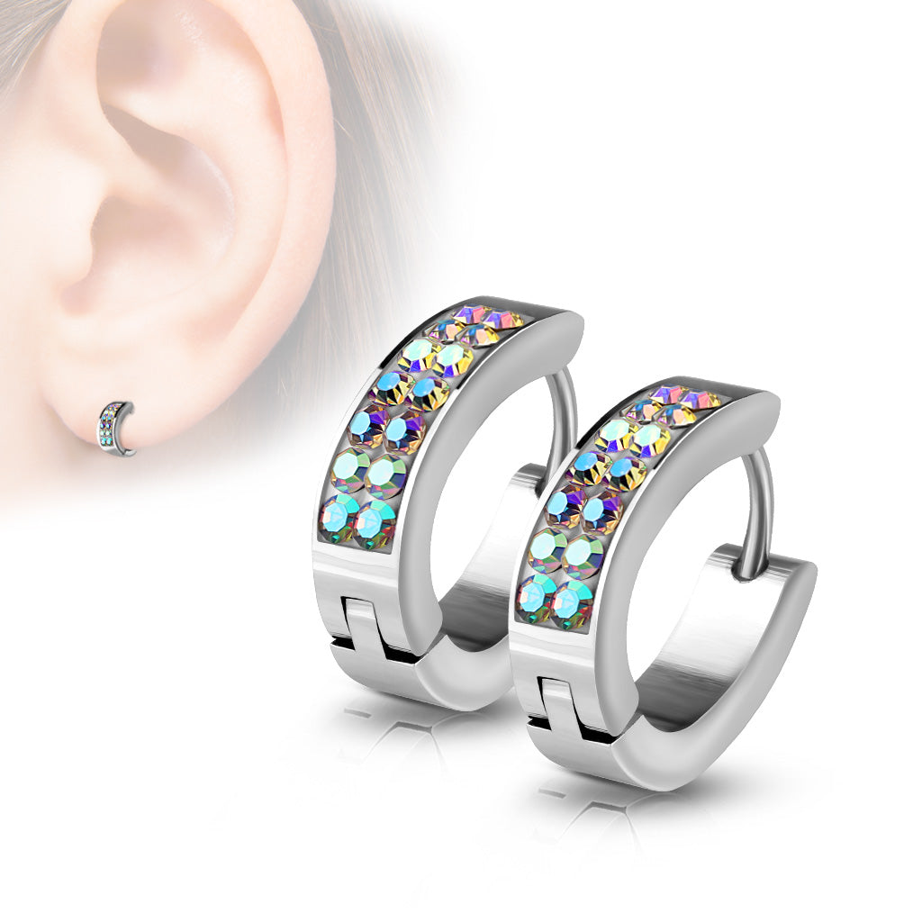 Crystal Lined Huggie Hoop Earrings - Stainless Steel