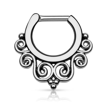 Tribal Swirl Fan Septum Clicker Ring - 316L Stainless Steel