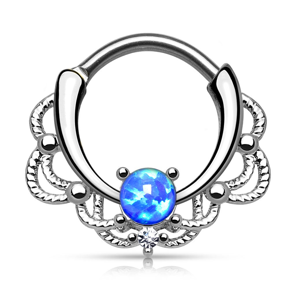 Lacey Synthetic Single Opal Septum Clicker Ring - Stainless Steel