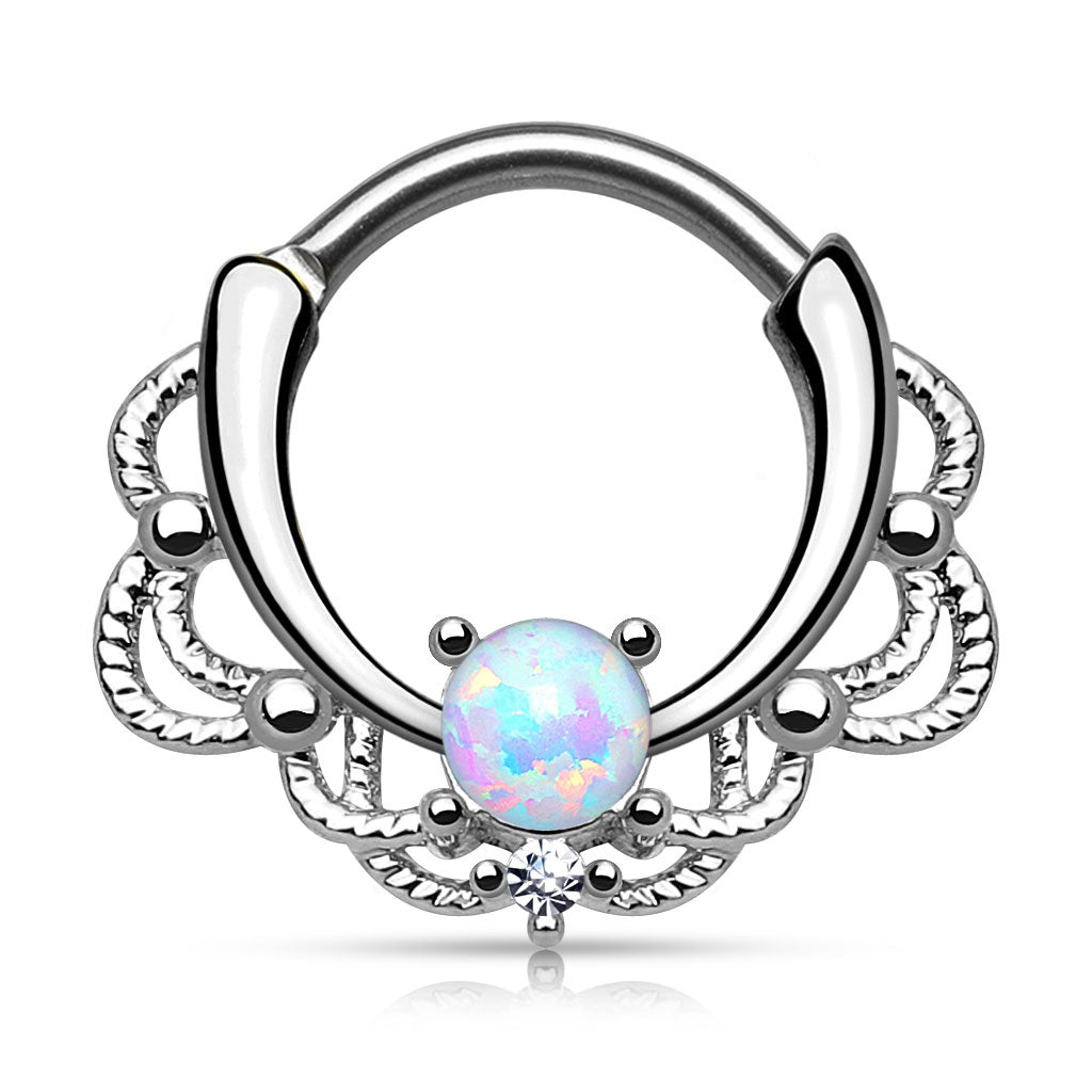 Lacey Synthetic Single Opal Septum Clicker Ring - Stainless Steel