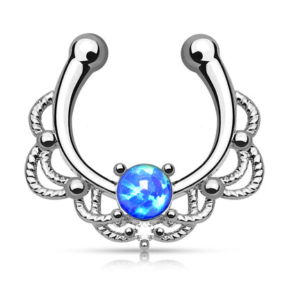 Lacey Single Synthetic Opal Clip On Fake Non No Piercing Septum Hanger Ring - Brass