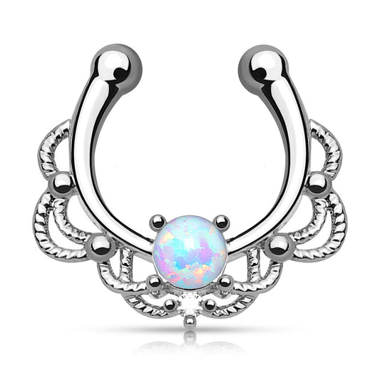 Lacey Single Synthetic Opal Clip On Fake Non No Piercing Septum Hanger Ring - Brass