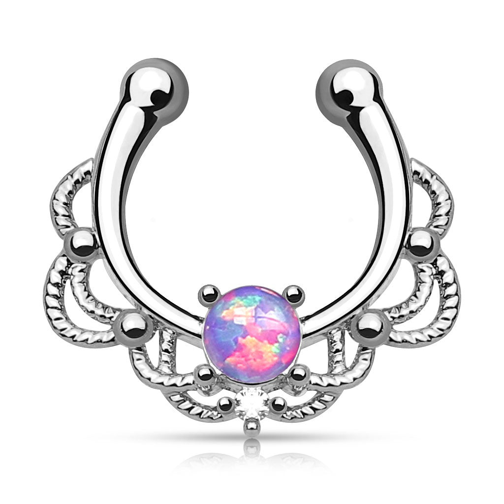 Lacey Single Synthetic Opal Clip On Fake Non No Piercing Septum Hanger Ring - Brass