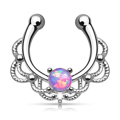 Lacey Single Synthetic Opal Clip On Fake Non No Piercing Septum Hanger Ring - Brass