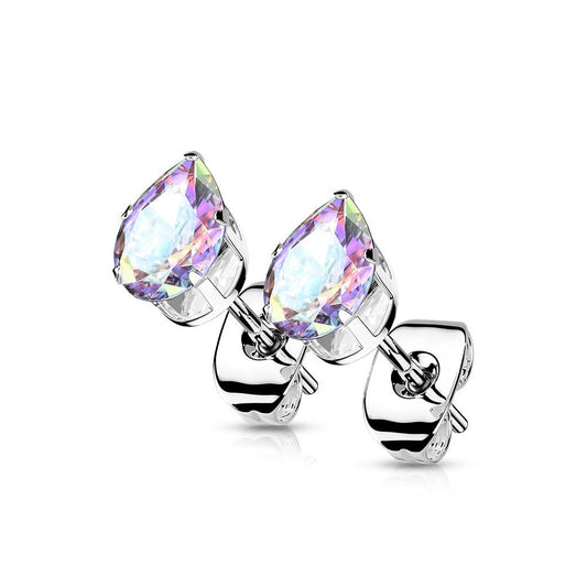 CZ Crystal Teardrop Stud Earrings - 316L Stainless Steel - Pair