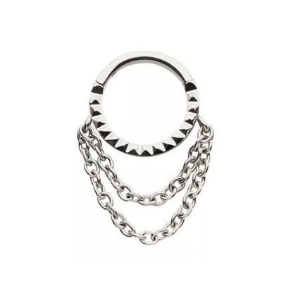 Pyramid Stud Lined Hoop with Double Dangling Chains Hinged Segment Ring - 316L Stainless Steel