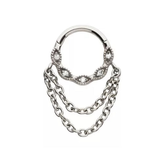 Marquise Shaped CZ Crystal Lined Hoop with Double Dangling Chains Hinged Segment Ring - 316L Stainless Steel