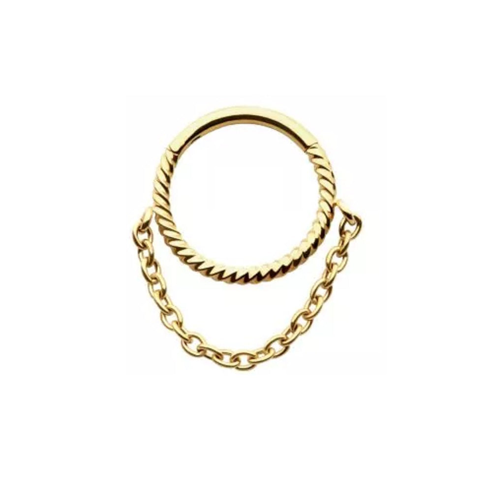 Twisted Design Front Facing Hoop with Dangling Chain Hinged Segment Ring - 316L Stainless Steel