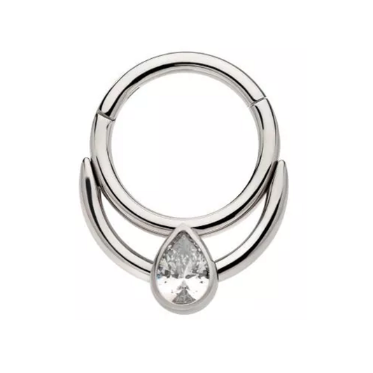 Double Hoop with CZ Crystal Teardrop Center Hinged Segment Ring - 316L Stainless Steel