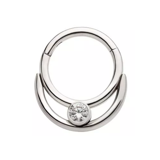 Double Hoop with Round CZ Crystal Center Hinged Segment Ring - 316L Stainless Steel