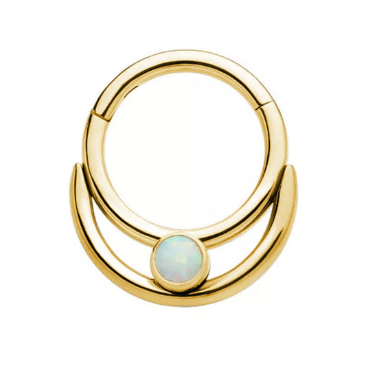 Double Hoop with White Synthetic Opal Center Hinged Segment Ring - 316L Stainless Steel