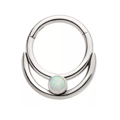 Double Hoop with White Synthetic Opal Center Hinged Segment Ring - 316L Stainless Steel