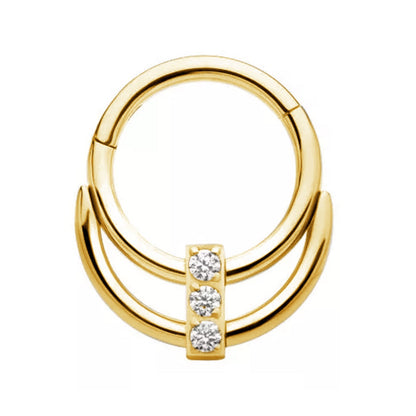 Double Hoop with Rectangular CZ Crystal Cluster Center Hinged Segment Ring - 316L Stainless Steel