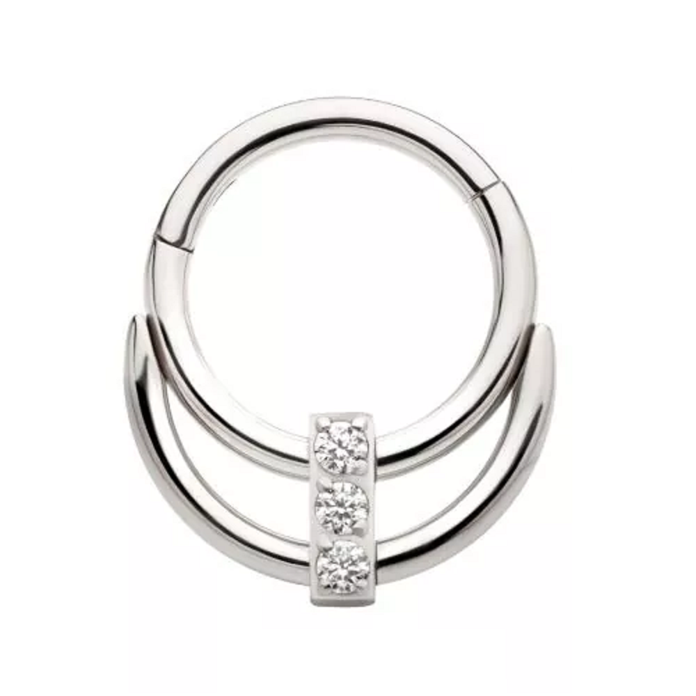 Double Hoop with Rectangular CZ Crystal Cluster Center Hinged Segment Ring - 316L Stainless Steel