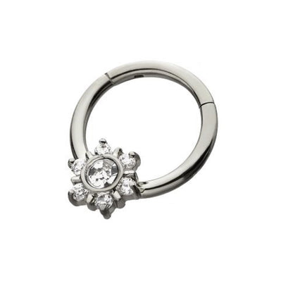 CZ Crystal Flower Sunburst Hinged Segment Ring - Stainless Steel