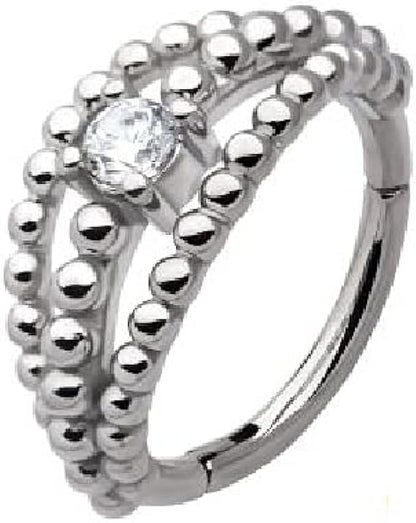 Beaded Triple Stack with Single Centered CZ Side Facing Hinged Segment Ring - 316L Stainless Steel