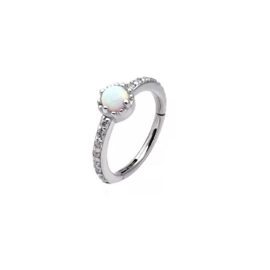 Prong Set White Opalite with CZ Eternity Side Facing Hinged Segment Ring - Stainless Steel