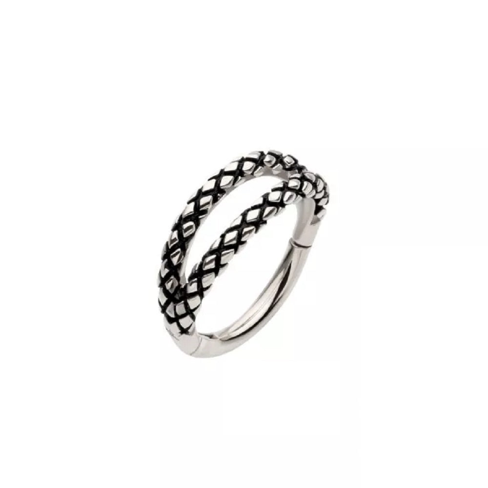 Double Snake Skin Pattern Lined Hoop Hinged Segment Ring - 316L Stainless Steel