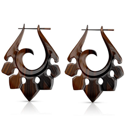 Organic Hand Carved Sono Wood Tribal Ornament Stirrup Hanger Earrings
