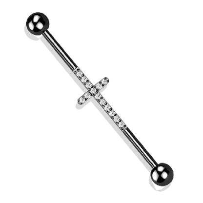 CNC Set Lined CZ Cross Industrial Barbell - PVD Plated F136 Implant Grade Titanium