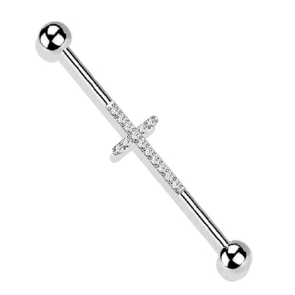 CNC Set Lined CZ Cross Industrial Barbell - PVD Plated F136 Implant Grade Titanium