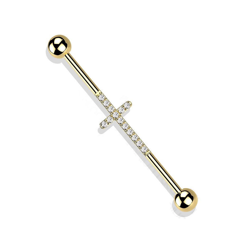 CNC Set Lined CZ Cross Industrial Barbell - PVD Plated F136 Implant Grade Titanium