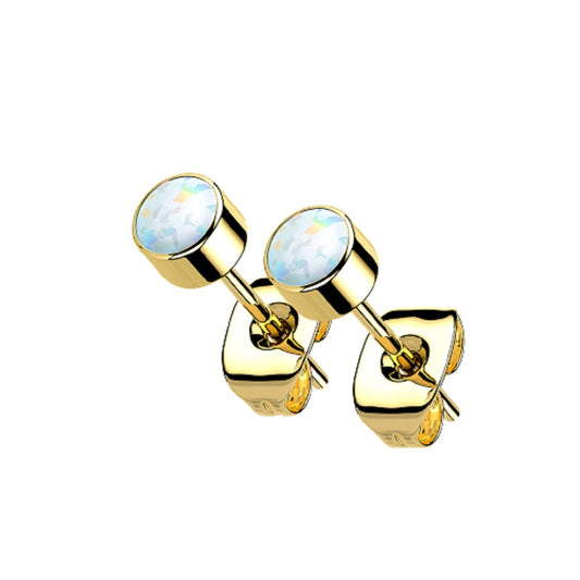 Round Synthetic Opal Bezel Set Stud Earrings - G23 Implant Grade Titanium